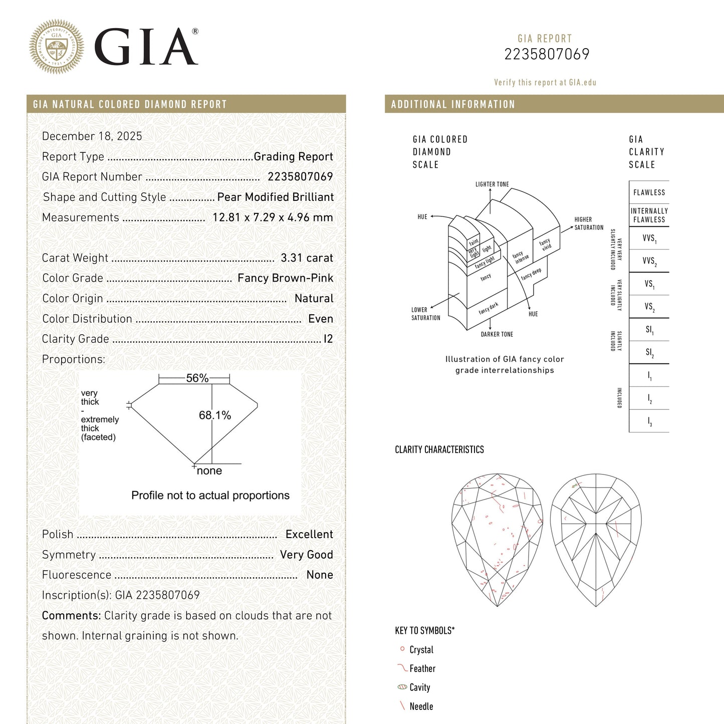 3.31ct 12.81x7.29x4.96mm GIA Fancy Brown-Pink Pear Brilliant 27233-01