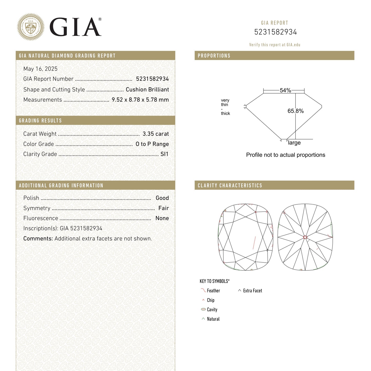 3.35ct 9.52x8.78x5.78mm GIA SI1 O-P Antique Old Mine Cut 26771-01