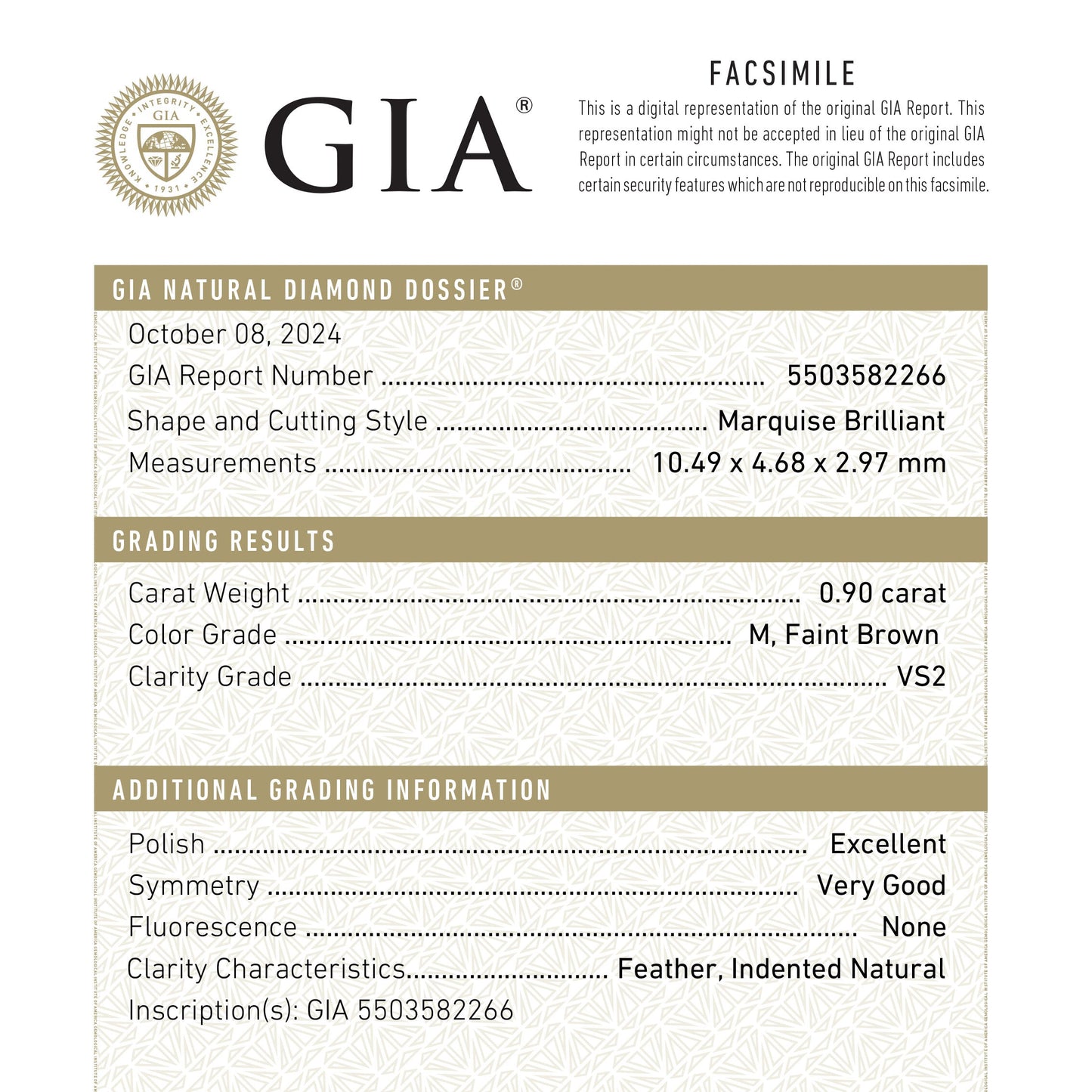 0.90ct 10.49x4.68x2.97mm GIA VS2 M Marquise Brilliant 🇨🇦 26591-01