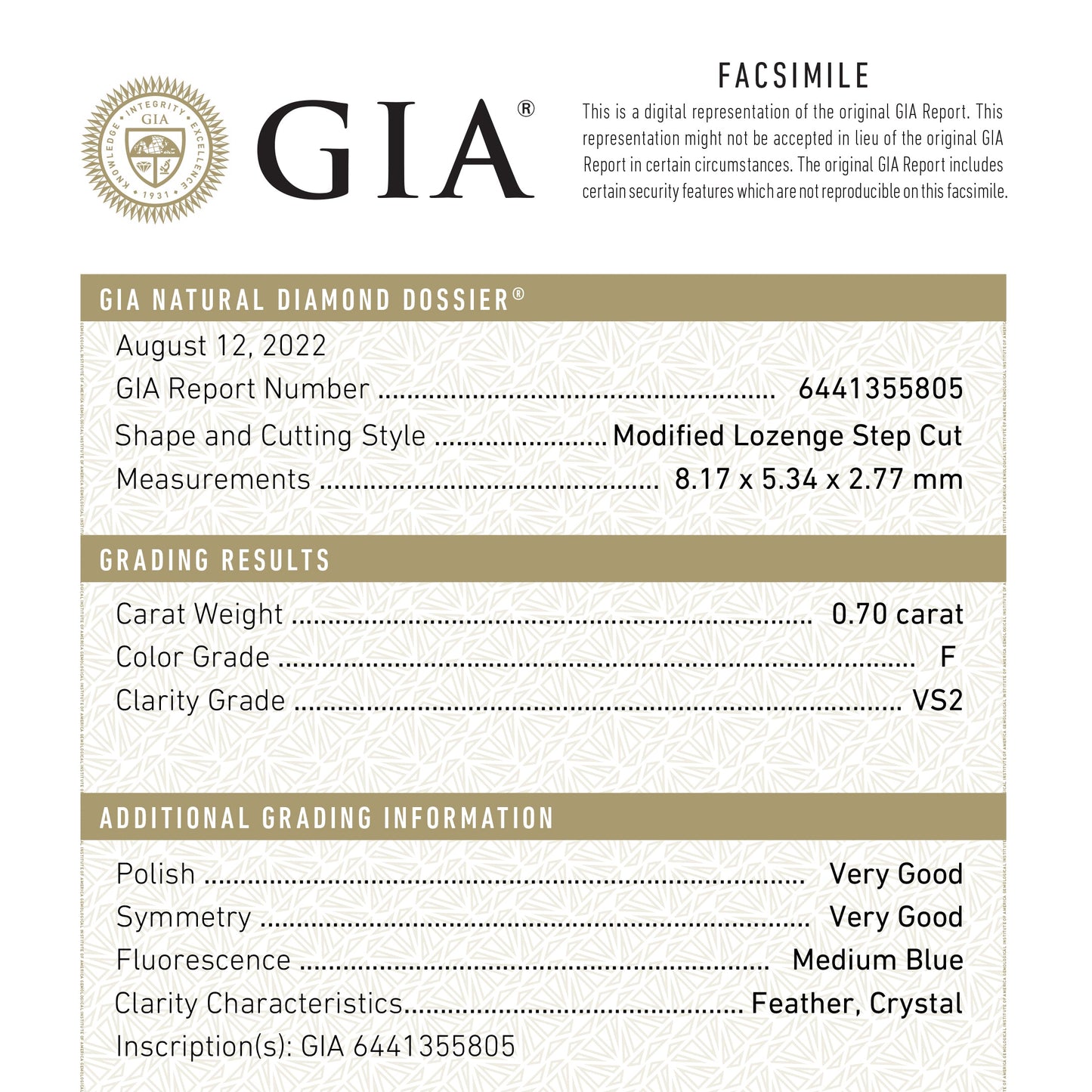 0.70ct 8.17x5.34x2.77mm GIA VS2 F Lozenge Step Cut 26746-02