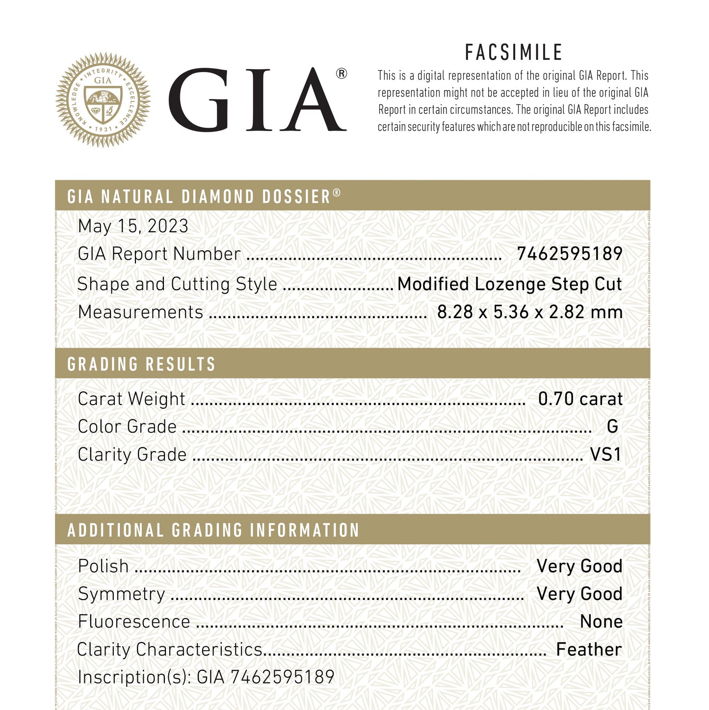 0.70ct 8.28x5.36x2.82mm GIA VS1 G Lozenge Step Cut 26746-01