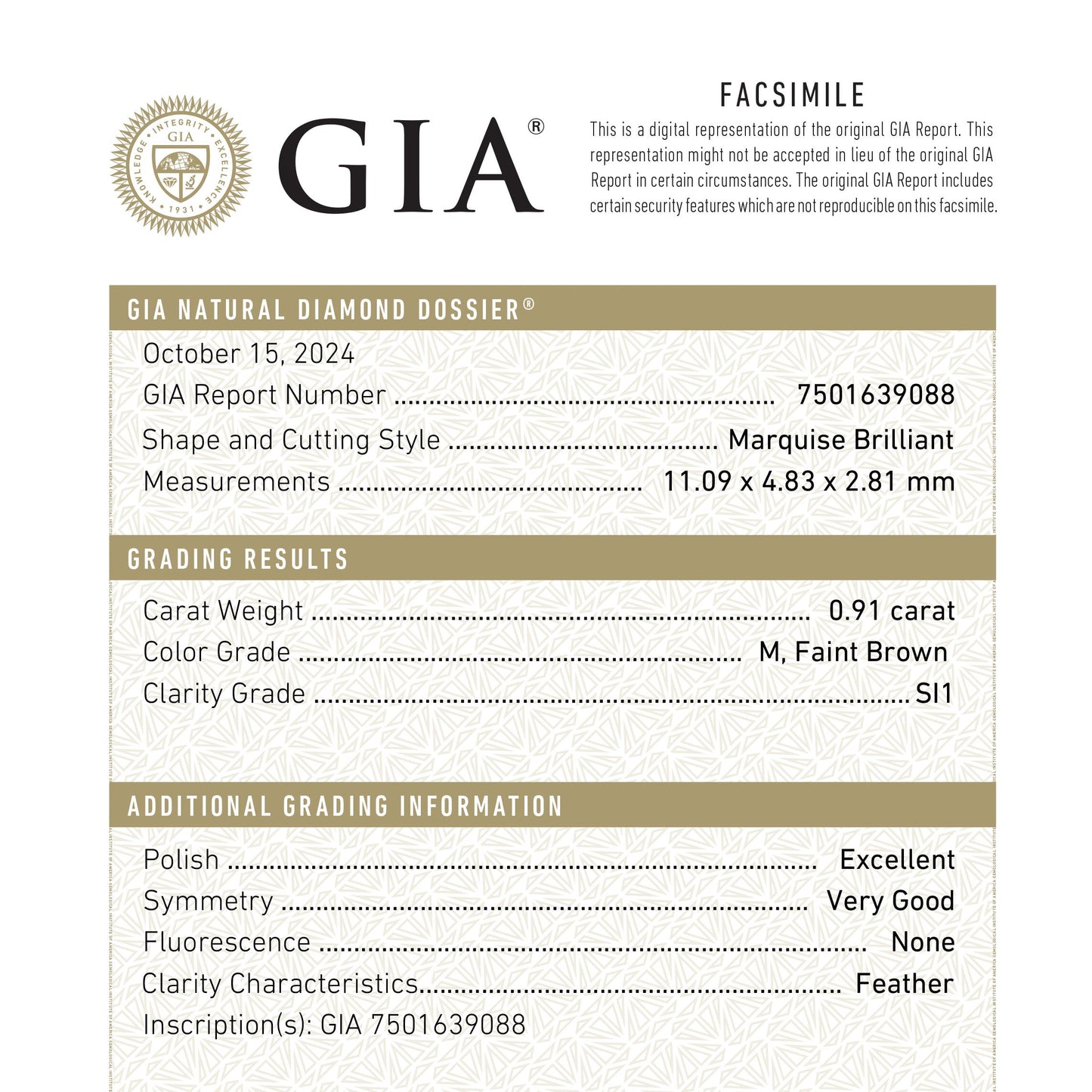 0.91ct 11.09x4.83x2.81mm GIA SI1 M Marquise Brilliant 🇨🇦 26592-01