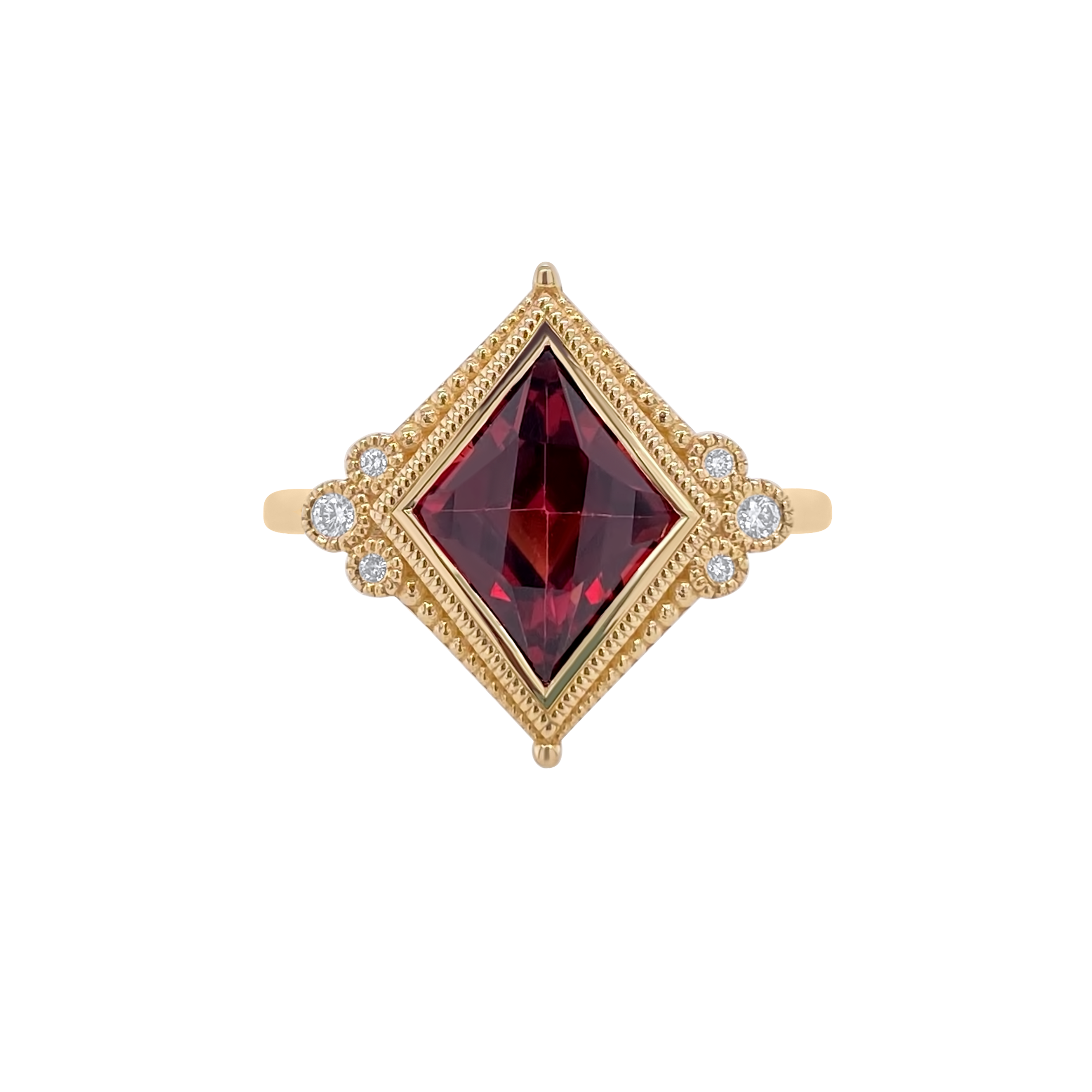 Kite Shape Garnet Miligrain Diamond Ring Emily Gill EG Bespoke Ltd