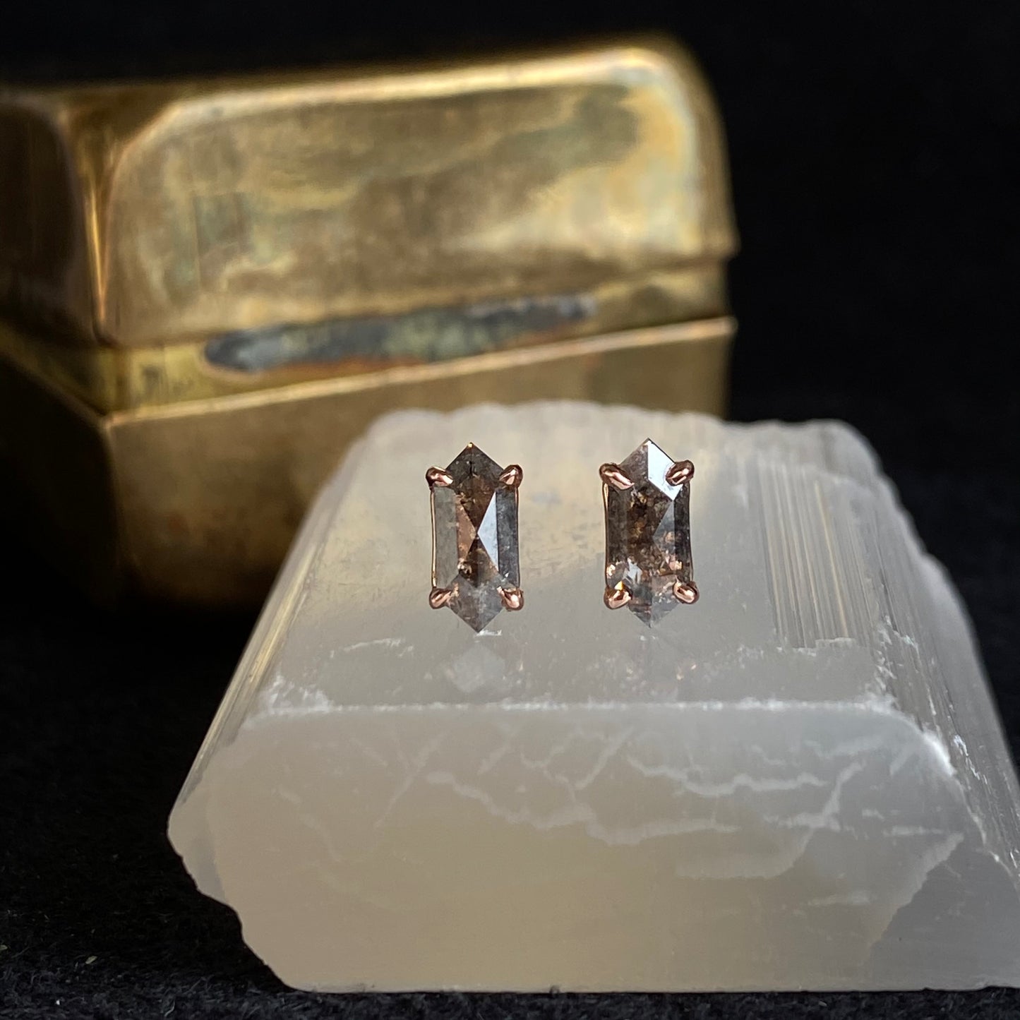 Salt and Pepper Rose Gold Diamond Hexagon Earrings