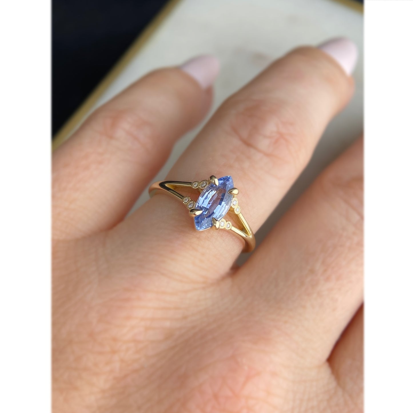 Blue Marquise Sapphire Diamond Miligrain Accented Split Shank Engagement Ring 14K yellow gold