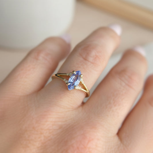 Blue Marquise Sapphire Diamond Miligrain Accented Split Shank Engagement Ring 14K yellow gold