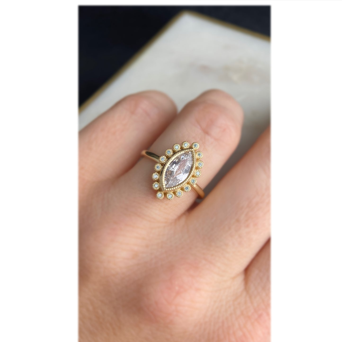 Marquise White Sapphire Miligrain Accents Blue Diamond Halo Sunburst Ring 14K yellow 