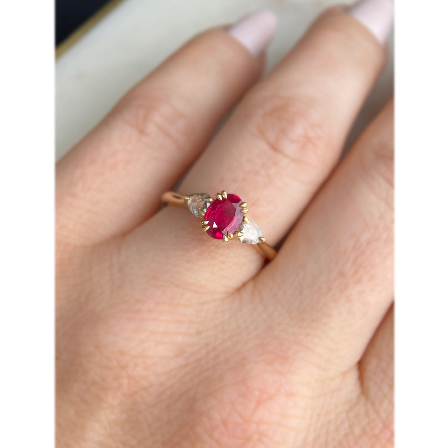 Oval Red Ruby Pear Diamond Rosecut Double Prong Engagement Ring 14K yellow gold