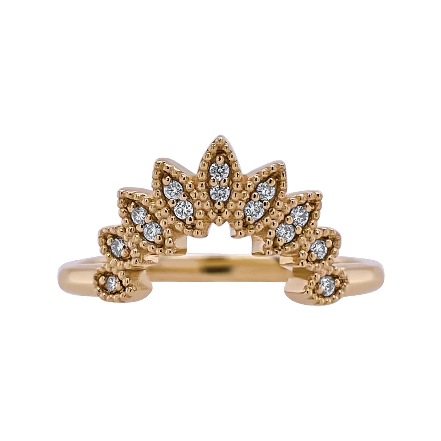 Design: Delicate, vintage inspired and perfectly designed to frame any solitaire engagement ring with a leafy crown. Details: 14K gold 0.04c total diamond weight Band approx. 1.8mm wide Miligrain leaves Low Profile Stacks with solitaires