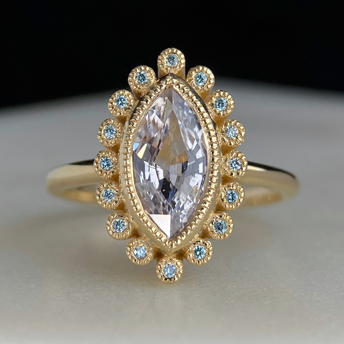 Marquise White Sapphire Miligrain Accents Blue Diamond Halo Sunburst Ring 14K yellow