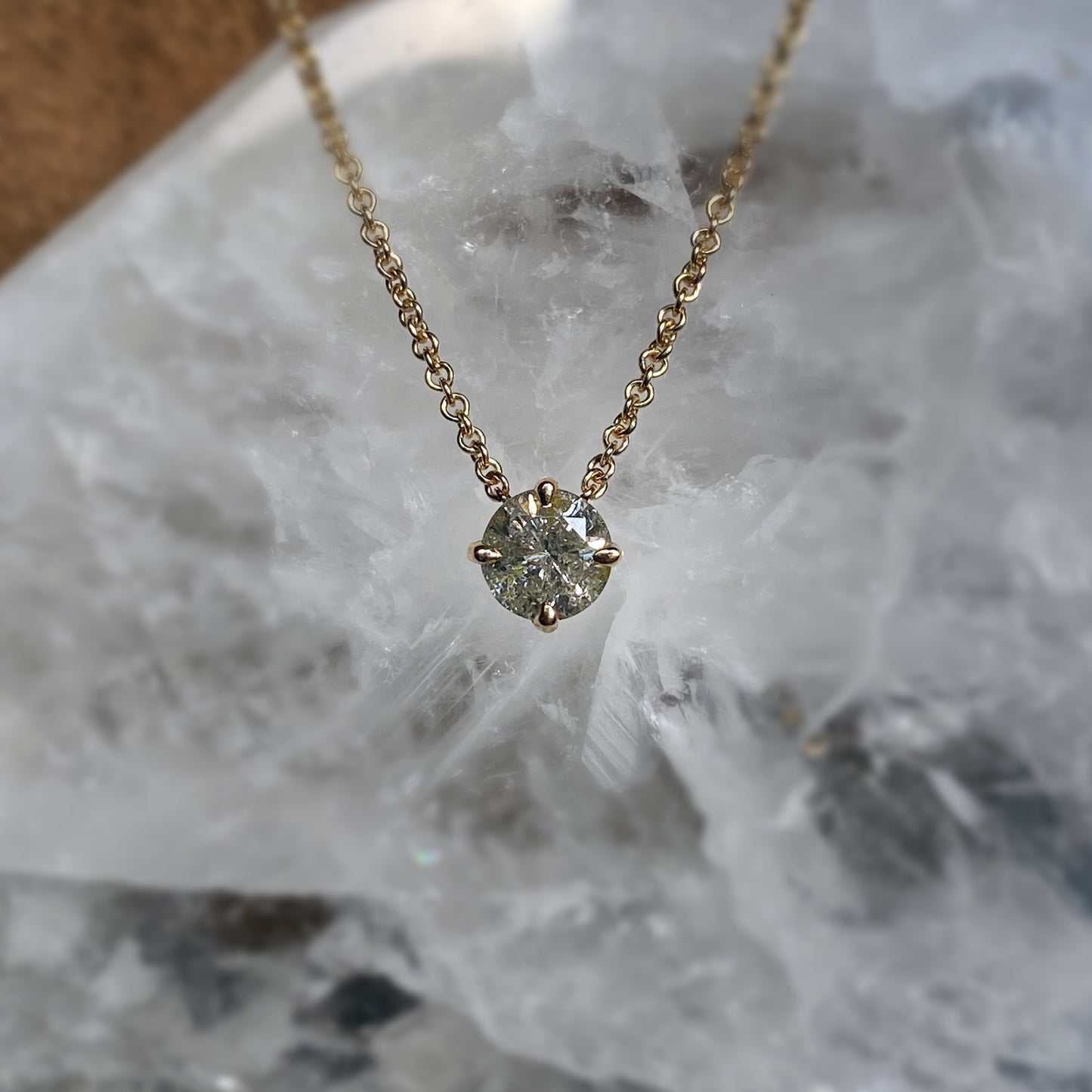 Salt and Pepper Diamond Compass Prong Necklace 14K yellow gold on fine cable chain