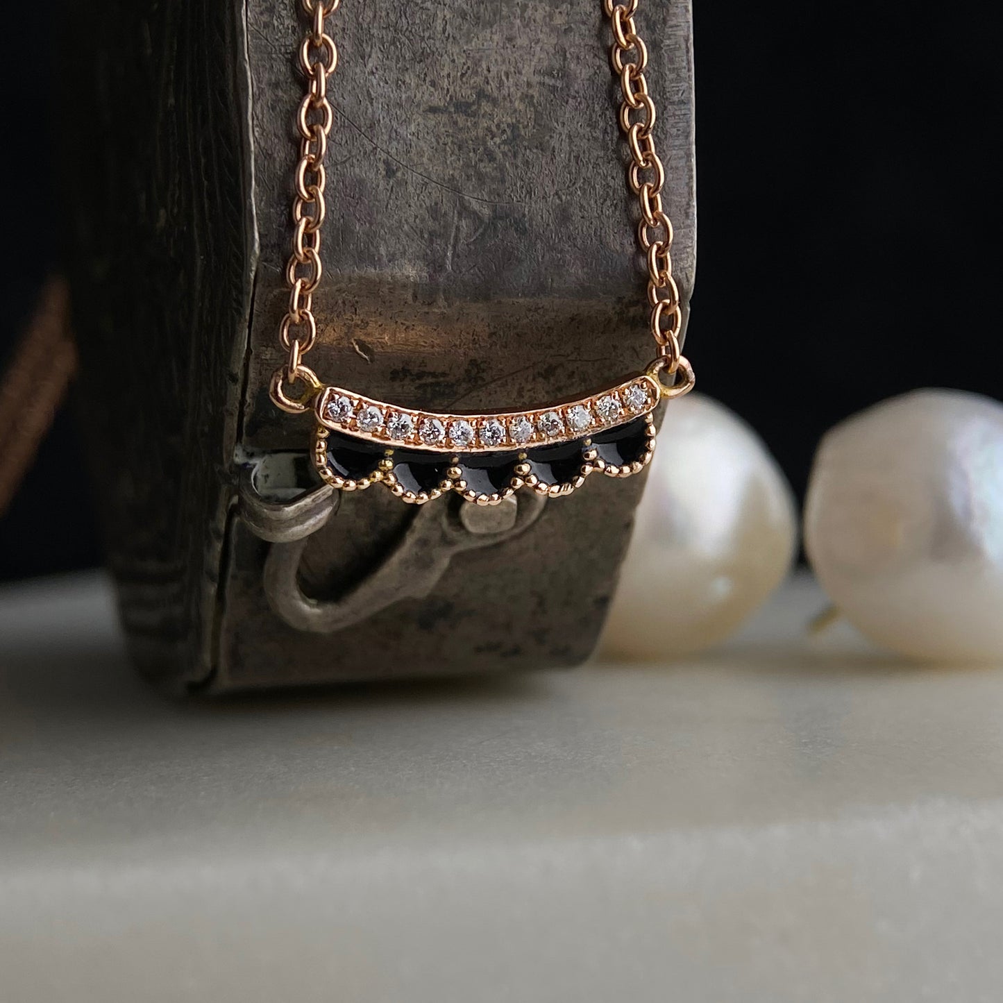 Scallop detail enamel and diamond necklace in rose gold