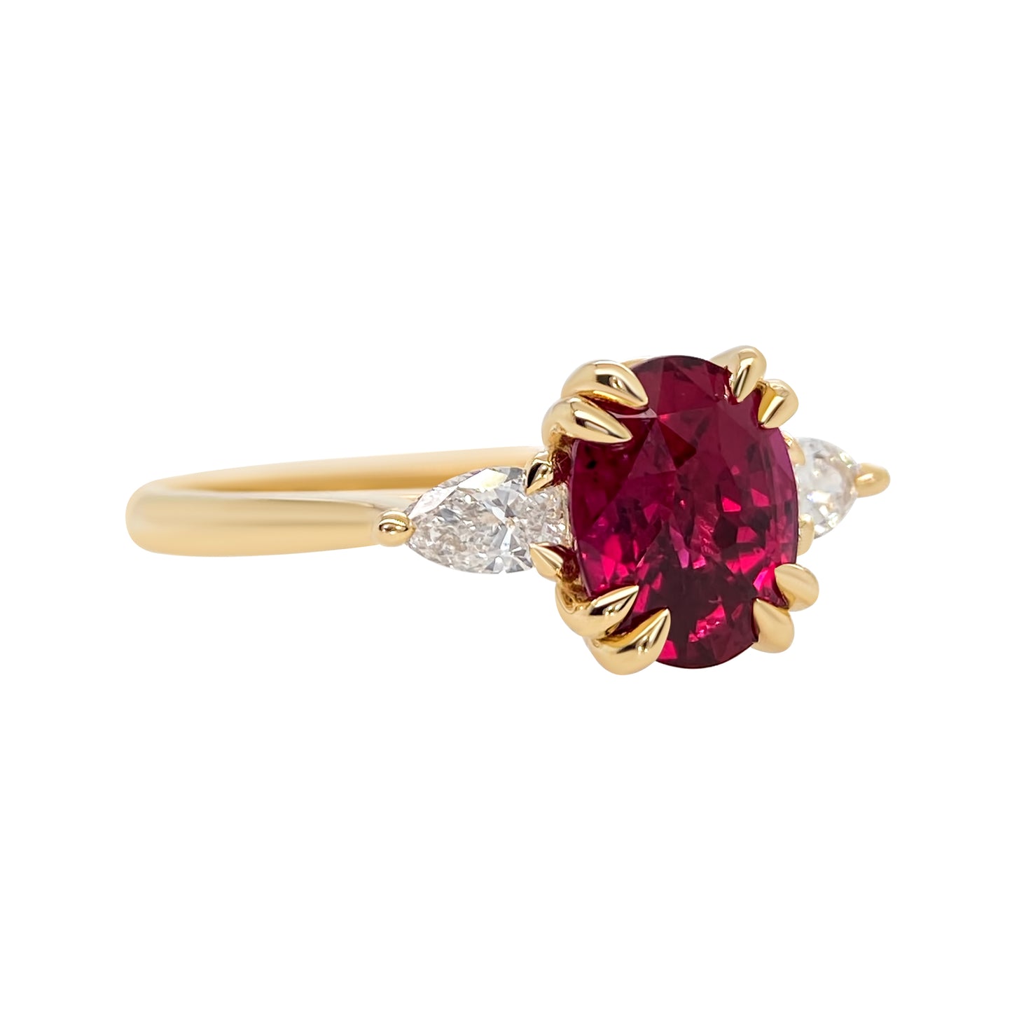 Mozambique Ruby Oval Double Claw Canadian DIamond Pear Shape Engagement Ring 14K yellow gold