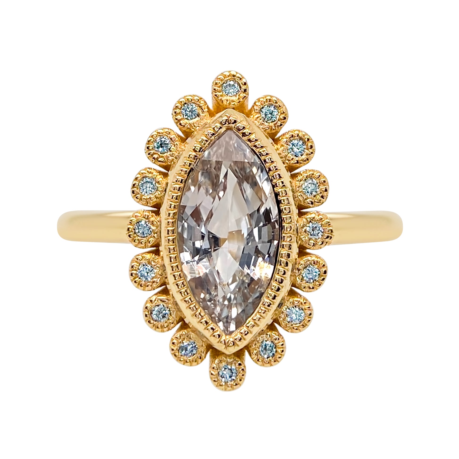 Marquise White Sapphire Miligrain Accents Blue Diamond Halo Sunburst Ring 14K yellow 