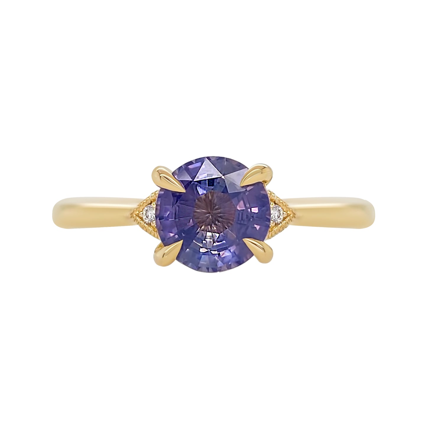 Silky Purple Sapphire Accented with diamonds and miligrain 14K yellow gold engagement ring