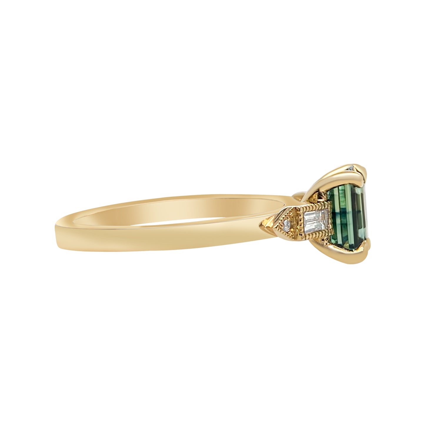 Emerald Cut Blue Green Mermaid Parti Sapphire Miligrain Accented Lab Diamond Baguette Engagement Ring 14K yellow gold