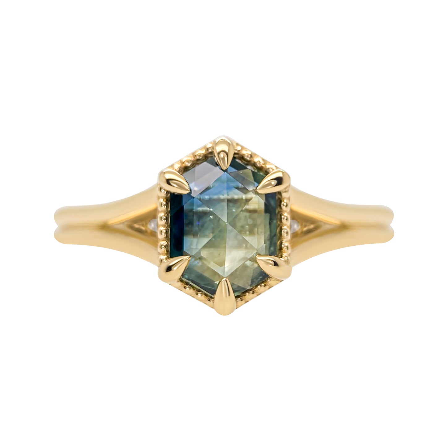 Rosecut Hexagon Parti Sapphire Split Shank Engagement Ring 14K yellow gold