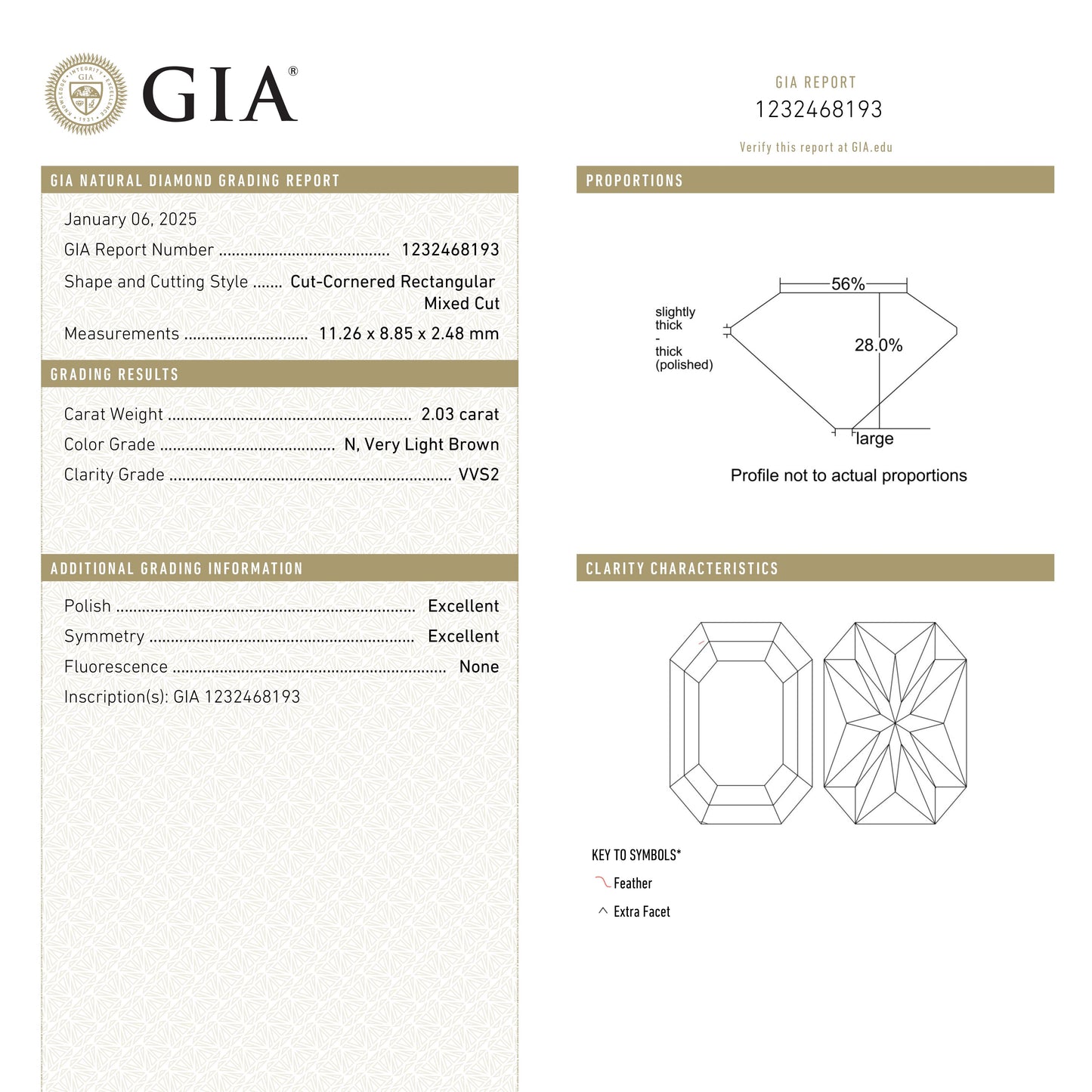 2.03ct 11.26x8.85x2.46mm GIA Type IIa VVS2 N Cut Corner Rectangle Step Cut 27403-01