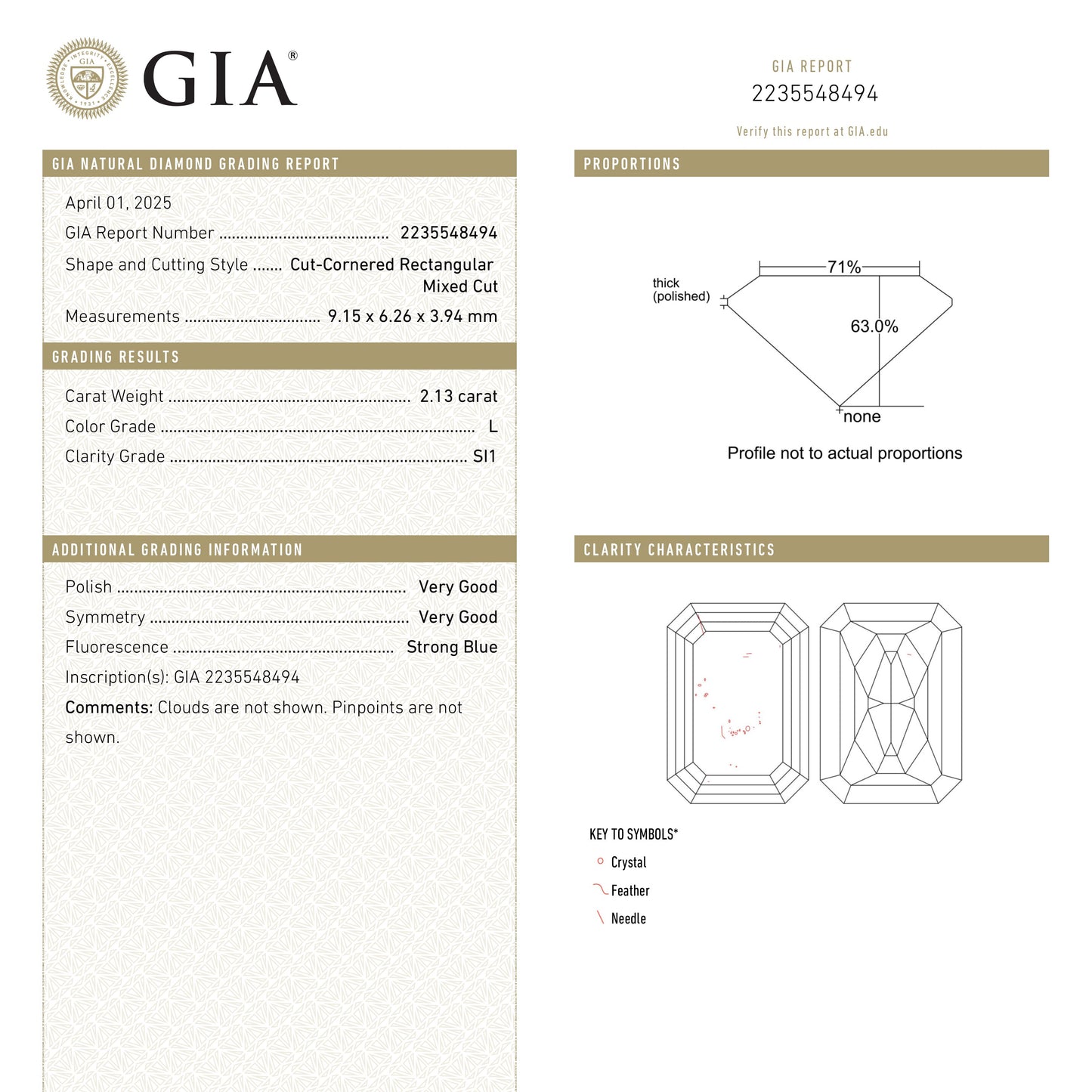 2.13ct 9.15x6.26x3.94mm GIA SI1 L Cut Corner Rectangle Brilliant 26313-01