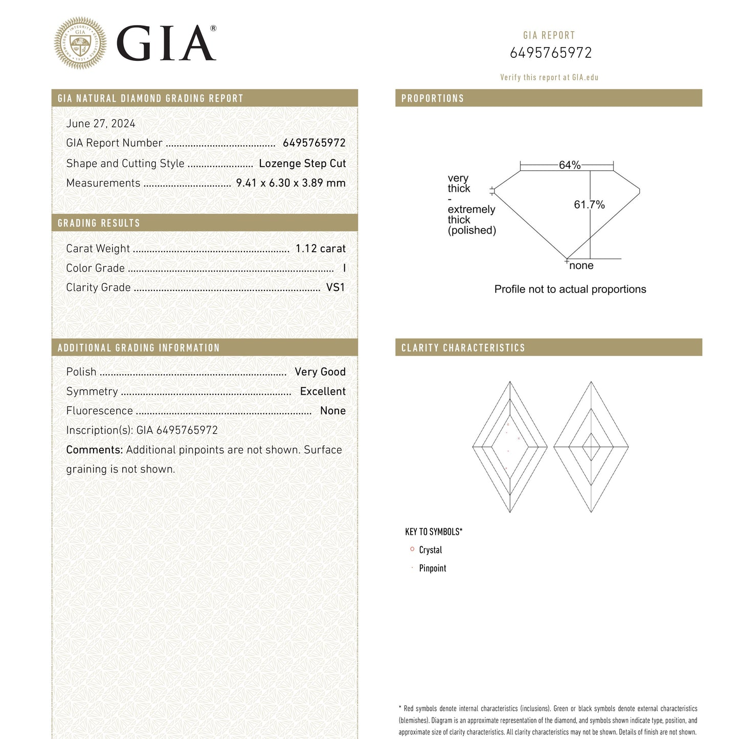 1.12ct 9.41x6.30x3.89mm GIA VS1 I Lozenge Step Cut 25802-02