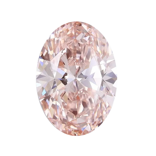 An oval-cut pink lab diamond with brilliant facets, centered on a solid white background.