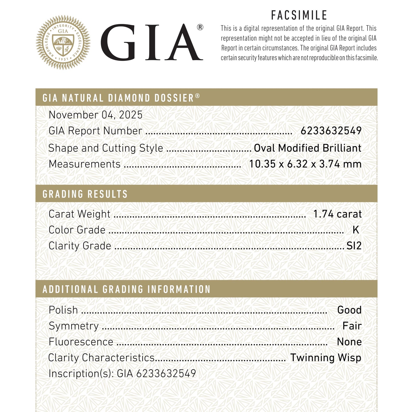 1.75ct 10.34x6.31x3.7.4mm GIA SI2 K Antique Moval Brilliant 27409-01