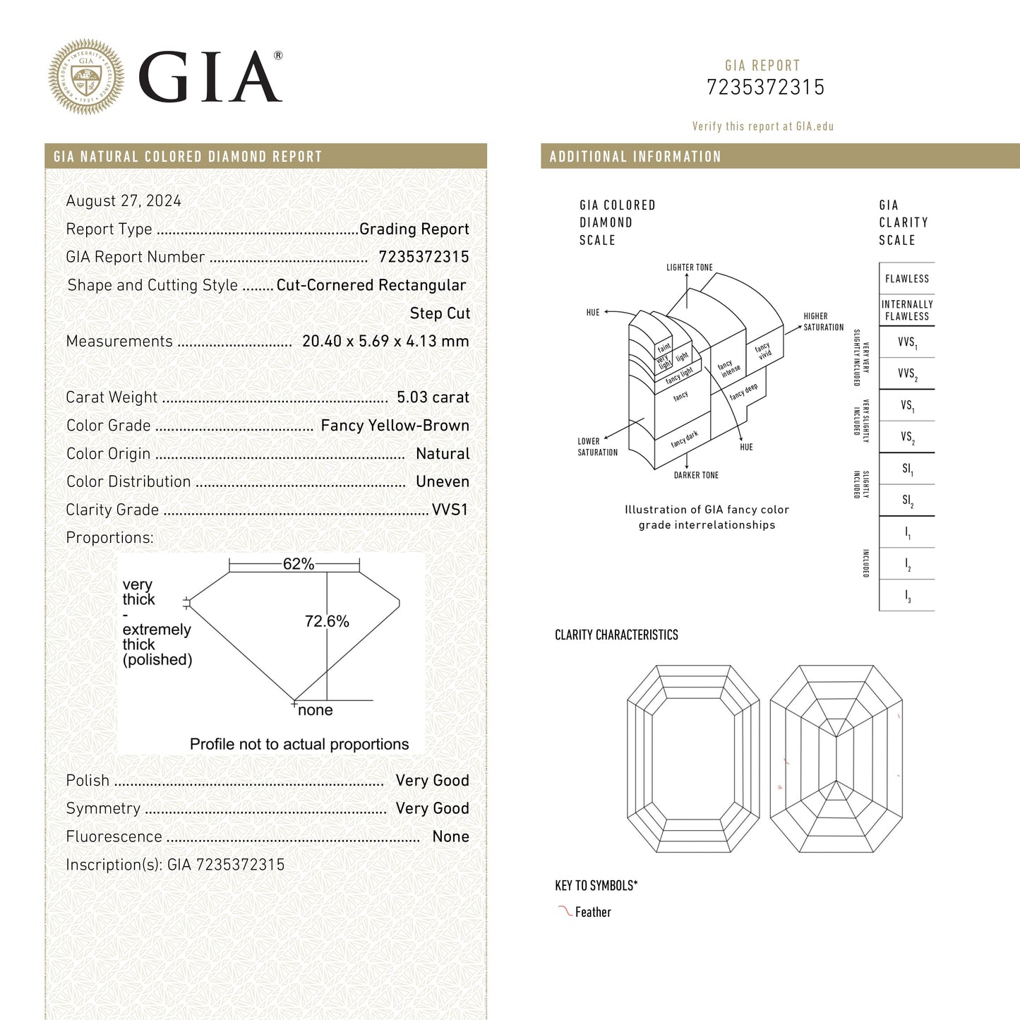 5.03ct 20.40x5.69x4.13mm GIA Type IIa VVS1 Fancy Yellow-Brown Cut Corner Rectangle Step Cut 25954-01