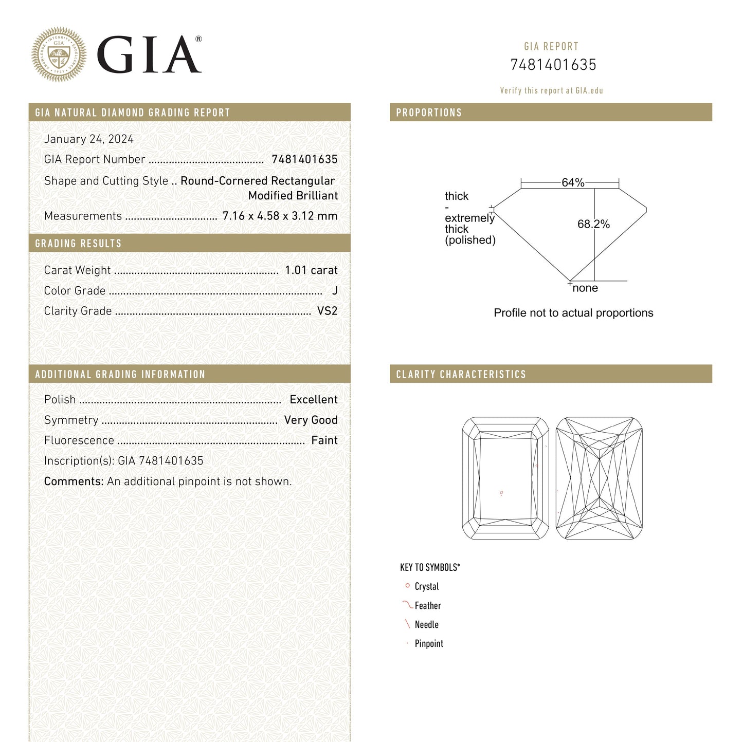 1.01ct 7.16x4.58x3.12mm GIA VS2 J Round Corner Rectangle Brilliant 26173-01