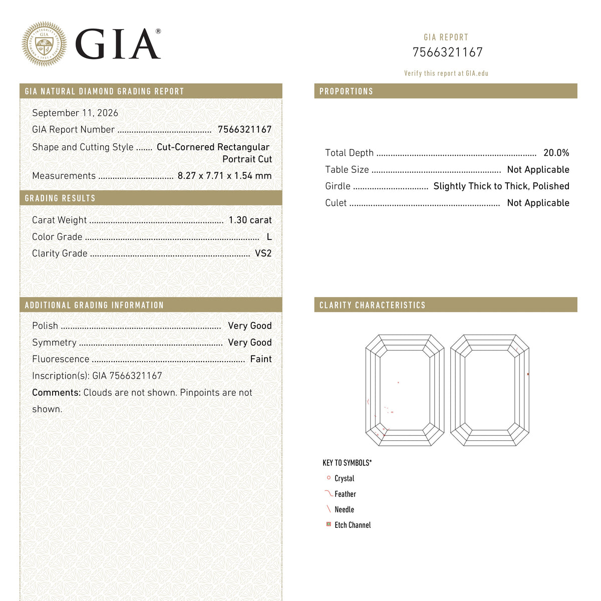 1.30ct 8.27x7.71x1.54mm GIA VS2 L Cut Corner Square Portrait Cut 28328-01