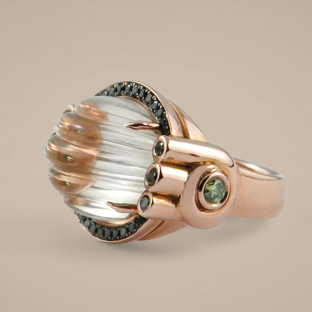 Rose gold ring with fluted cabochon smokey quartz and black diamonds 
