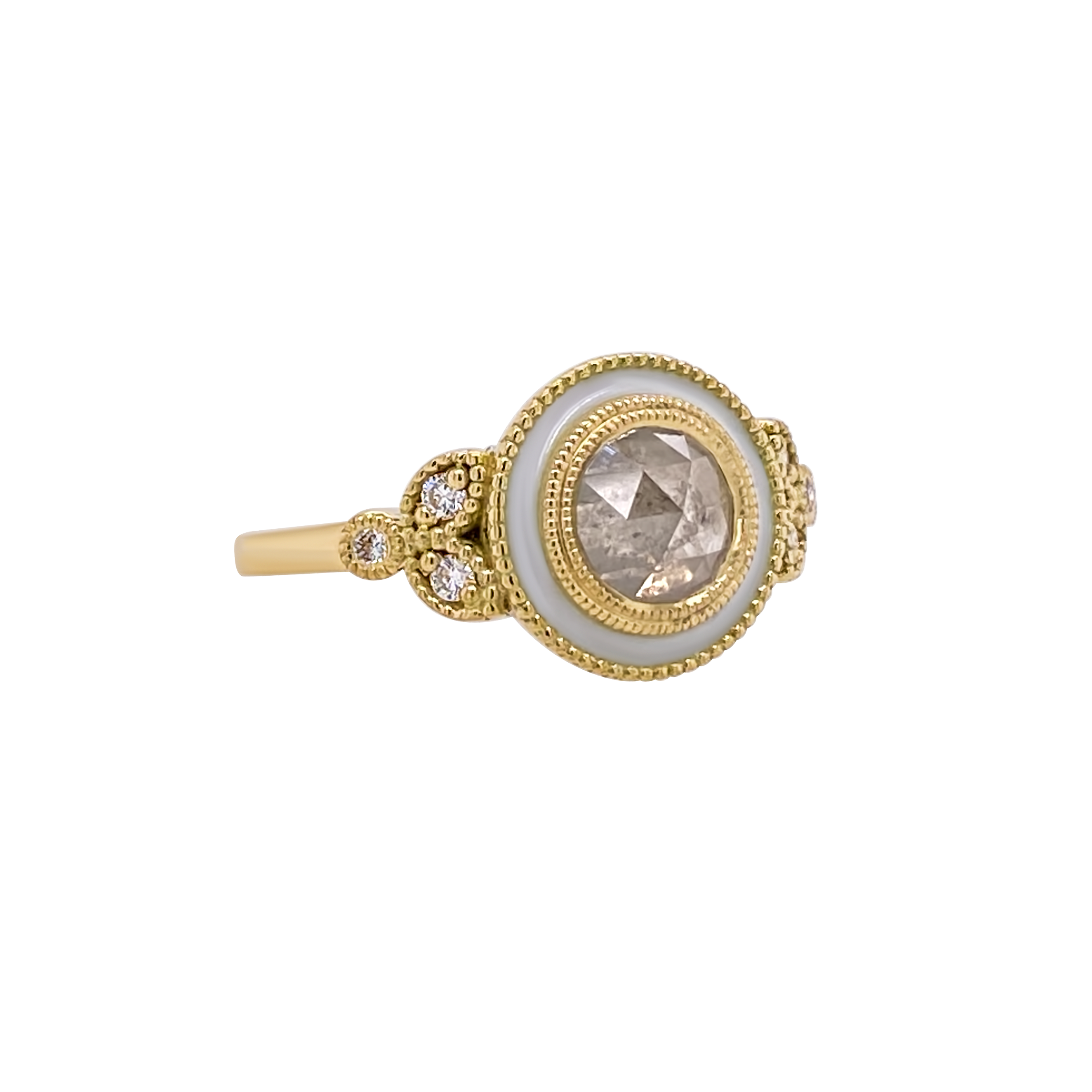 Rose Cut Diamond White Enamel inlay ring Emily Gill EG Bespoke Ltd