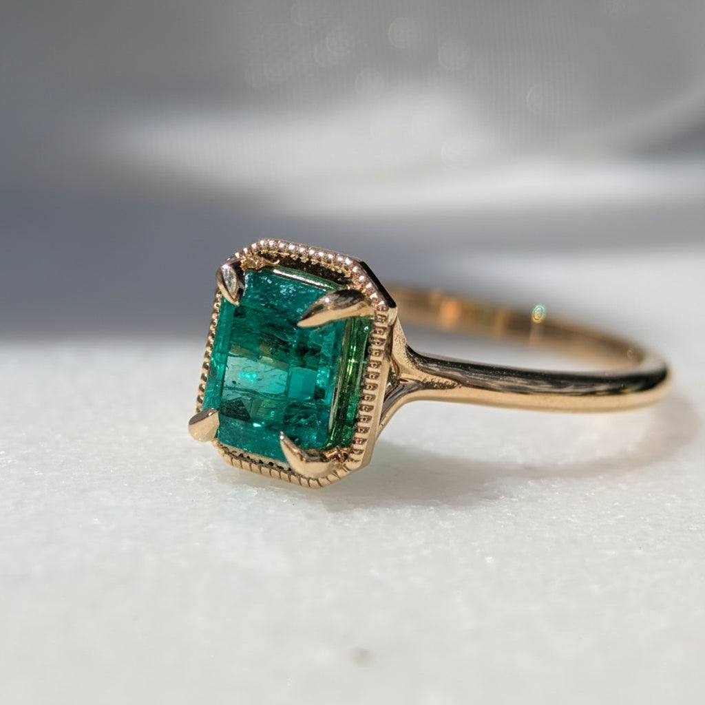 Gold ring with a green emerald stone on a white background