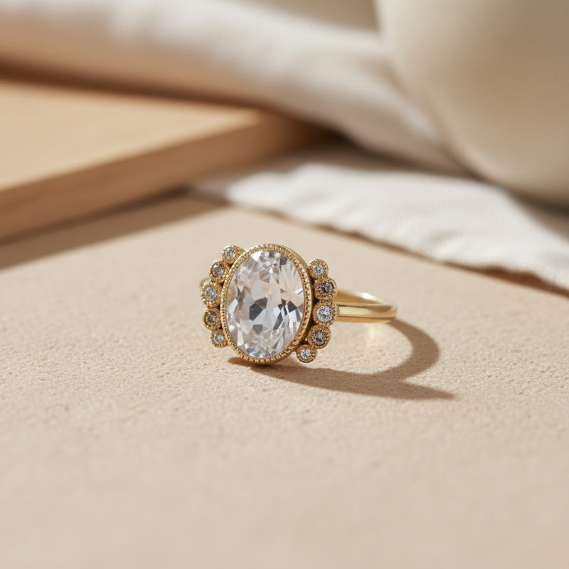 Gold ring with a large diamond and smaller diamonds on a white shell background