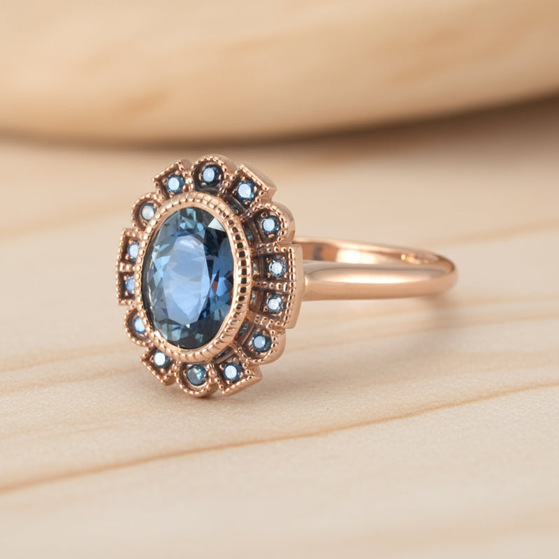 Rose gold ring with a blue gemstone on a white background