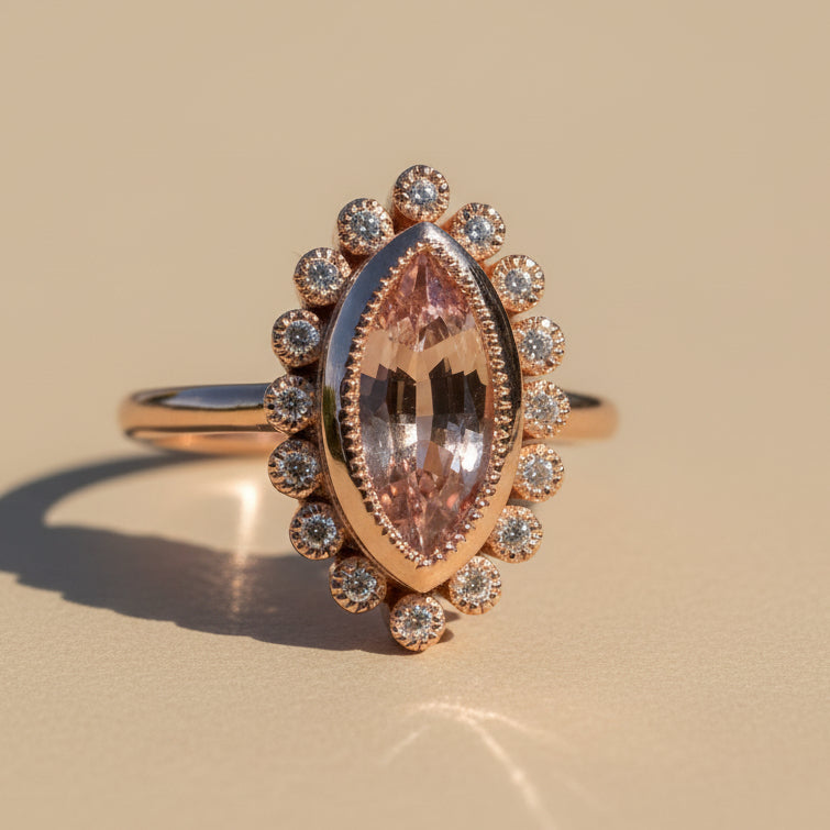 Rose gold ring with a large central gemstone and smaller stones on a white flower background