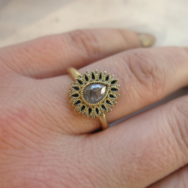 Gold ring with a central gemstone on a finger