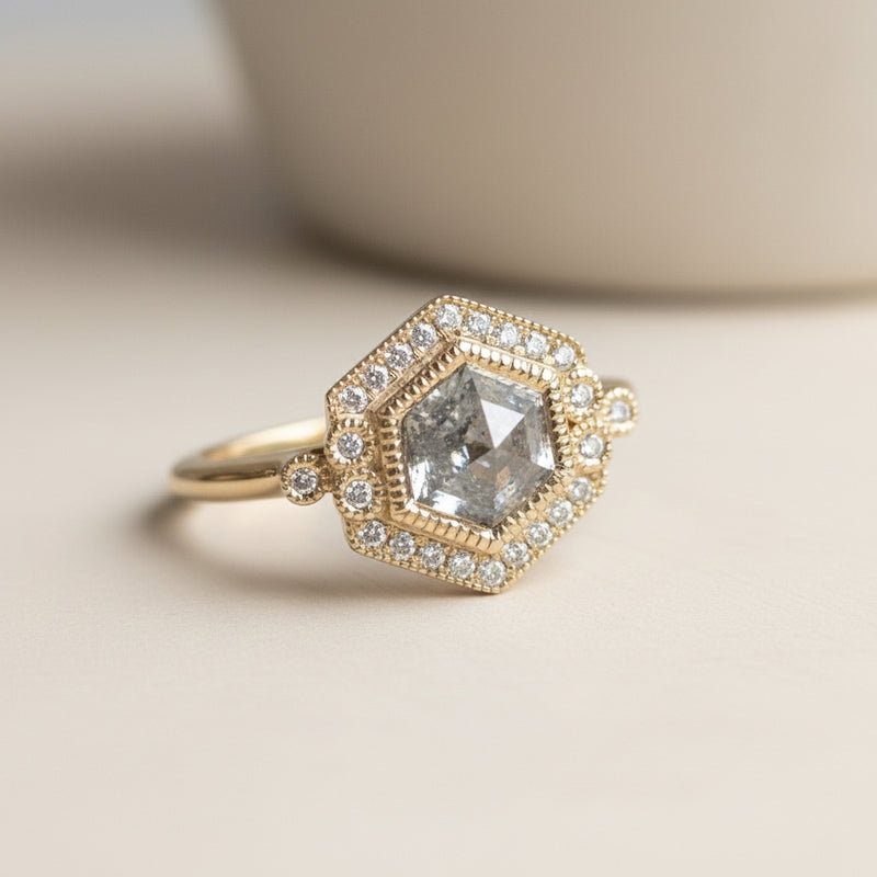 hexagon salt and pepper diamond in yellow gold 