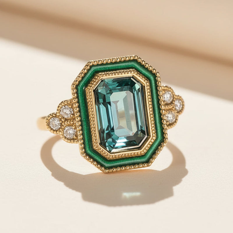Gold ring with a green gemstone on a beige background