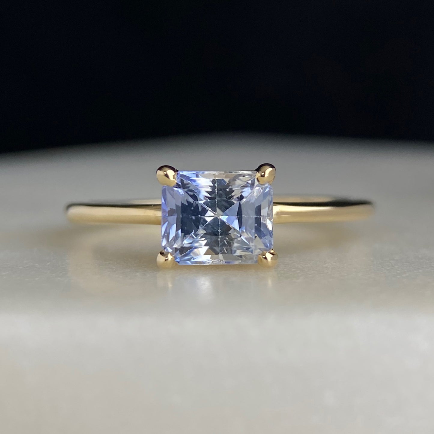 Blue Parti Color Radiant Cut Sapphire Engagement Ring East West Solitaire 14K yellow gold