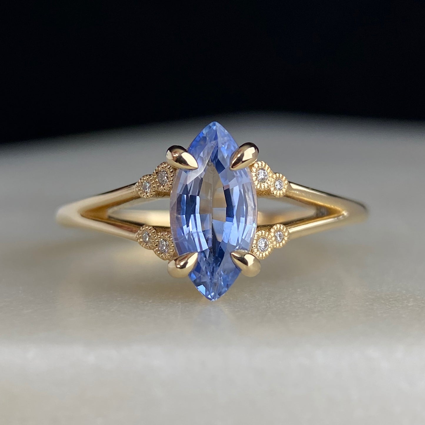 Blue Marquise Sapphire Diamond Miligrain Accented Split Shank Engagement Ring 14K yellow gold