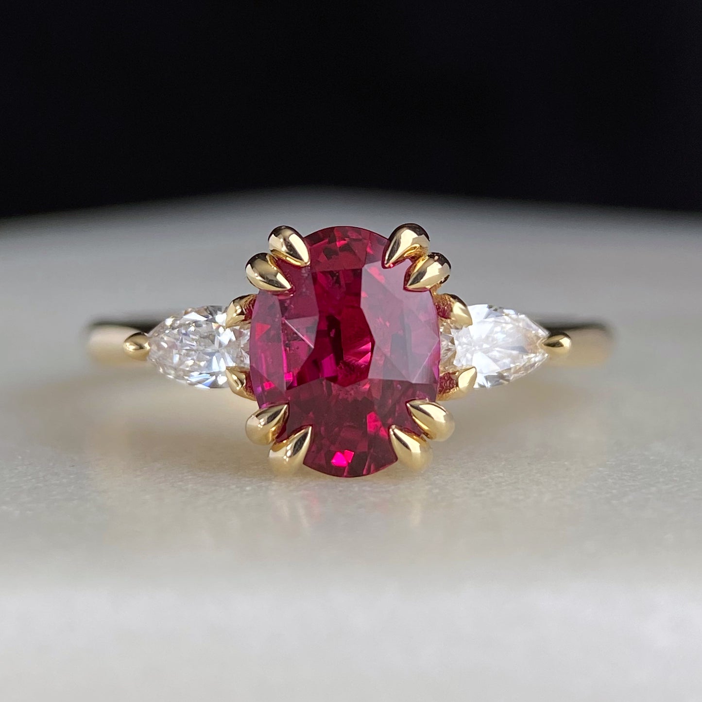 Mozambique Ruby Oval Double Claw Canadian DIamond Pear Shape Engagement Ring 14K yellow gold