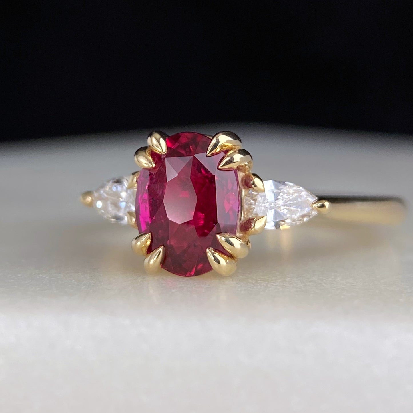 Mozambique Ruby Oval Double Claw Canadian DIamond Pear Shape Engagement Ring 14K yellow gold