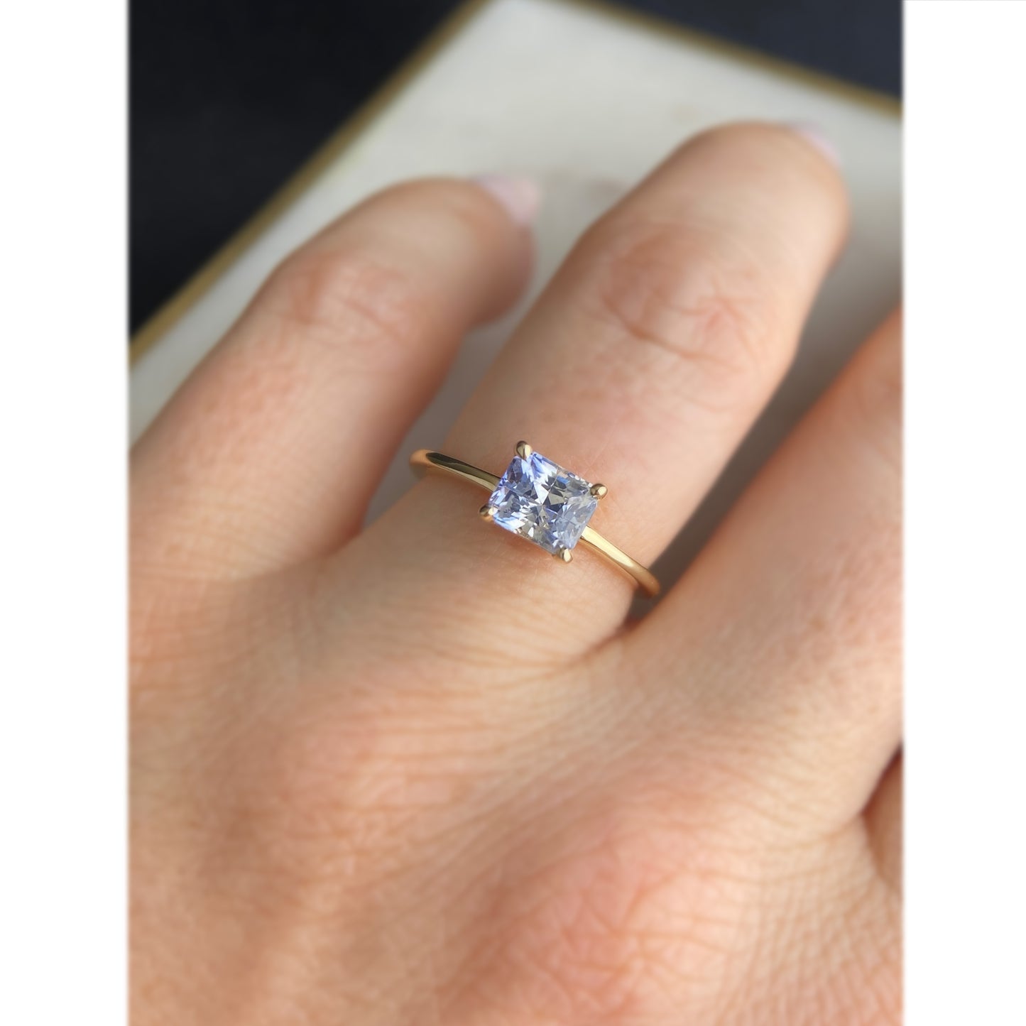 Blue Parti Color Radiant Cut Sapphire Engagement Ring East West Solitaire 14K yellow gold