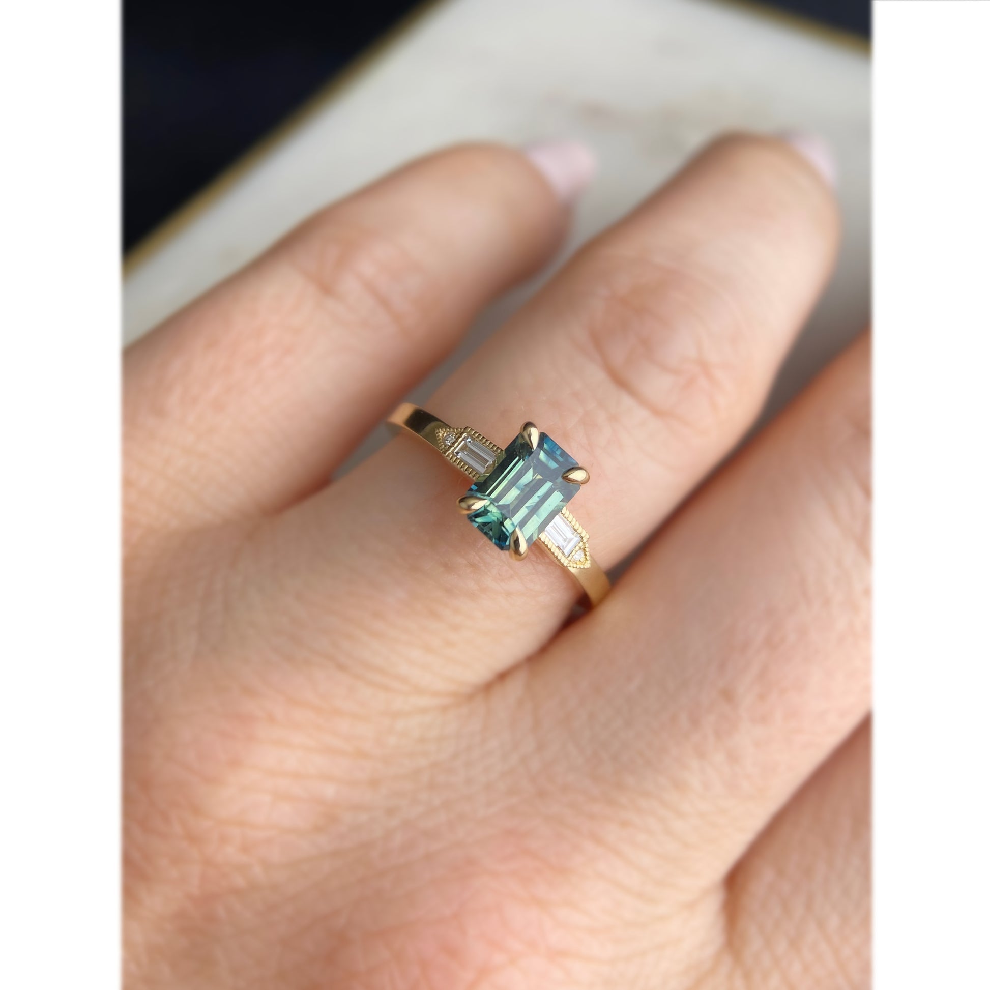 Emerald Cut Blue Green Mermaid Parti Sapphire Miligrain Accented Lab Diamond Baguette Engagement Ring 14K yellow gold