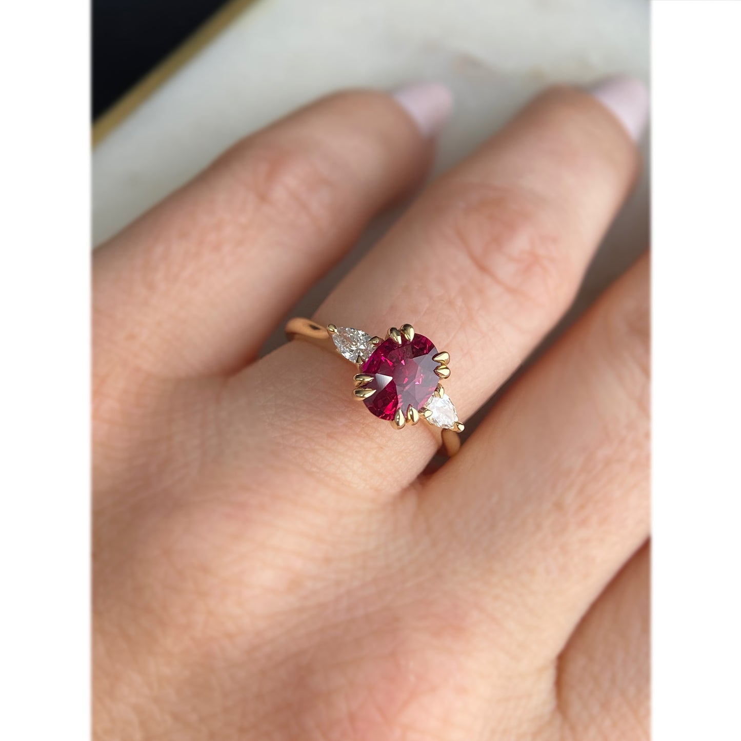 Mozambique Ruby Oval Double Claw Canadian DIamond Pear Shape Engagement Ring 14K yellow gold