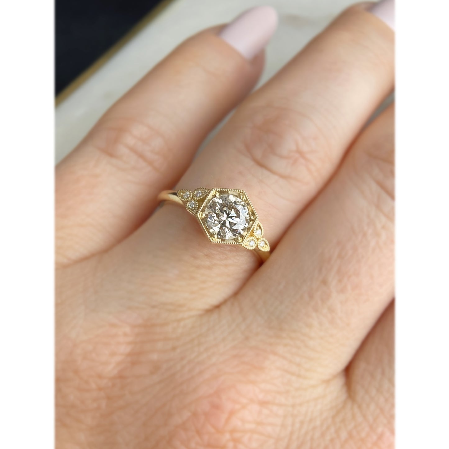 Vintage Style Hexagon Diamond Miligrain Engagement Ring 14K yellow gold