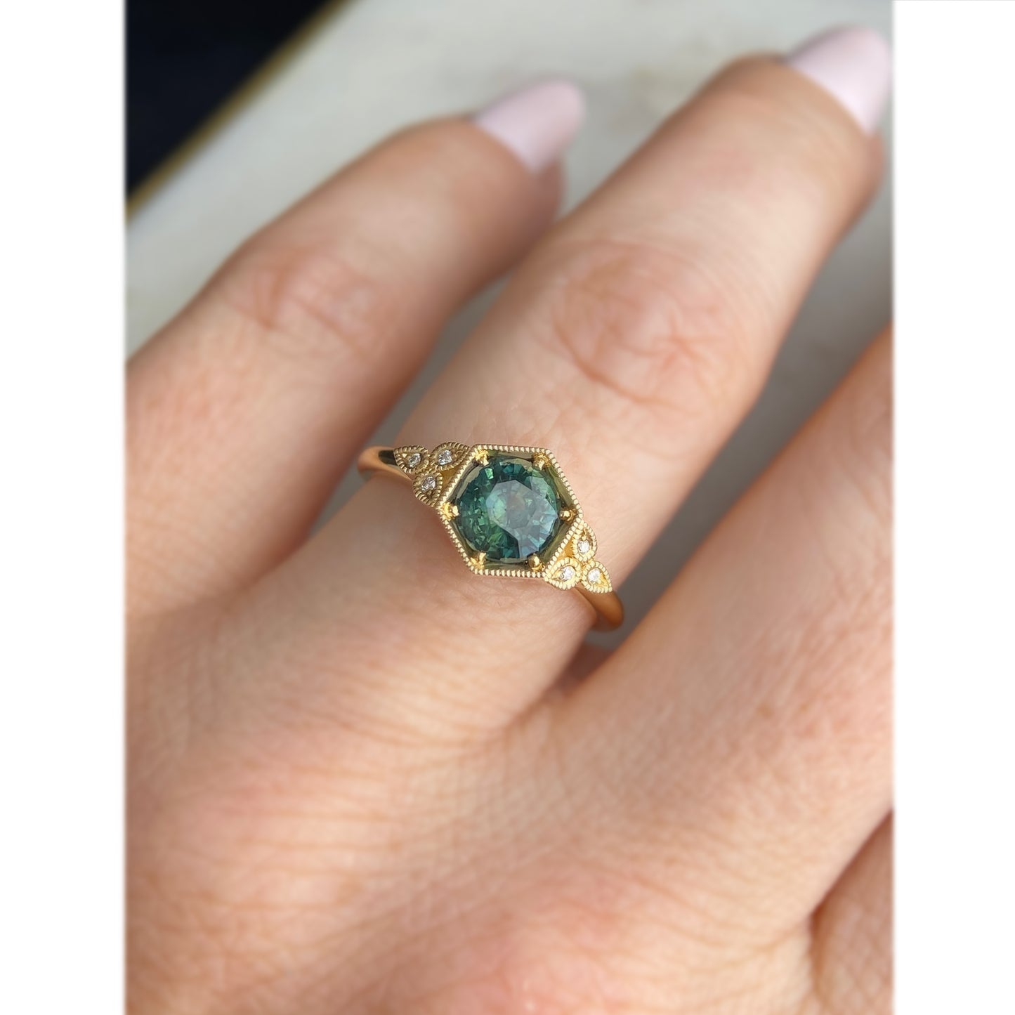Vintage Style Hexagon Teal Sapphire Miligrain Engagement Ring 14K yellow gold