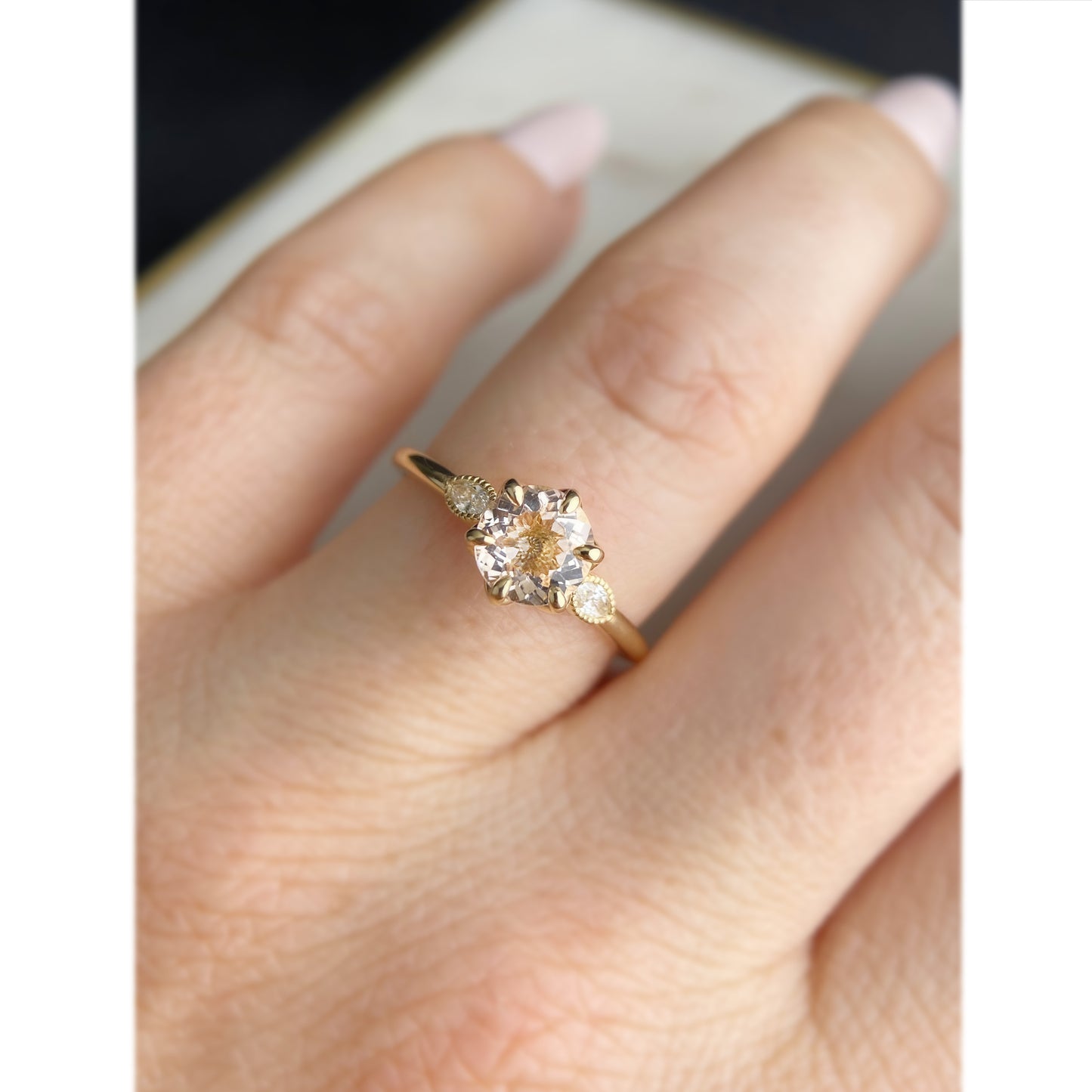 Romantic Morganite Tulip Engagement Ring Marquise Diamond Accents Vintage Style Miligrain 14K yellow gold