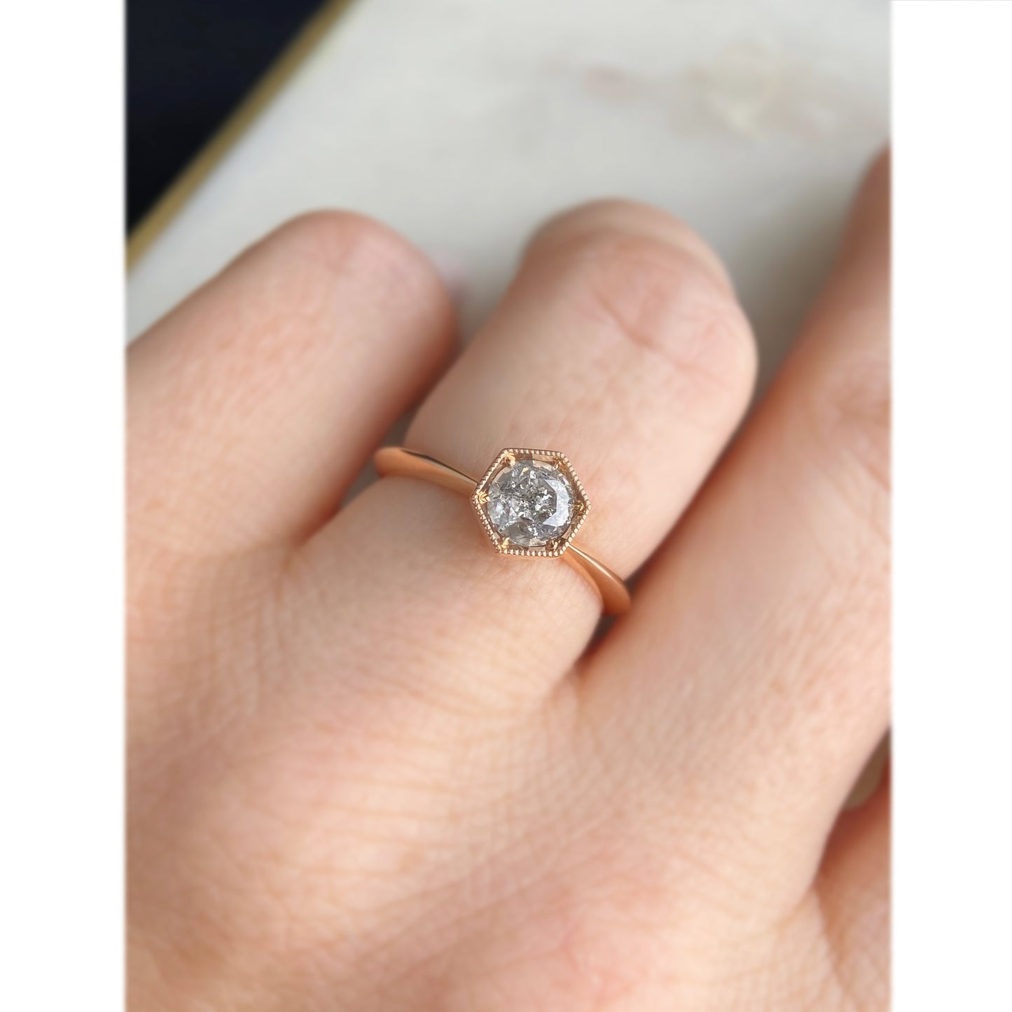 Vintage Miligrain Hexagon Style Engagement Ring Salt and Pepper Diamond 14K Rose Gold