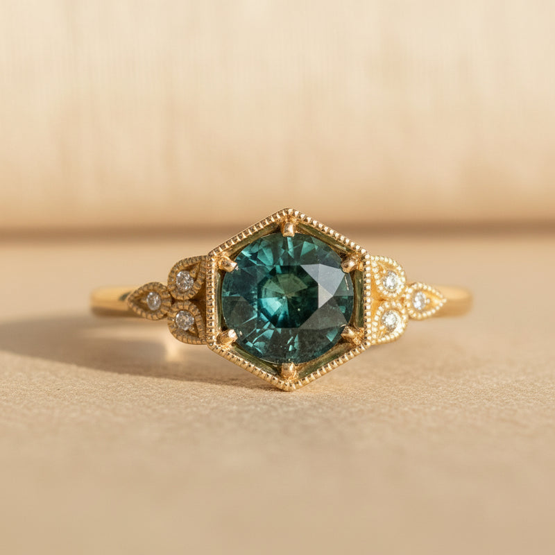 Vintage Style Hexagon Teal Sapphire Miligrain Engagement Ring 14K yellow gold